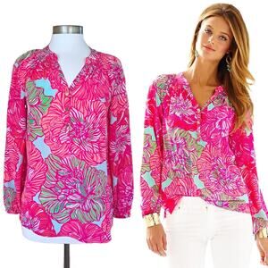 LILLY PULITZER Silk Elsa Blouse Top Small "Worth It" Pink Floral Gator